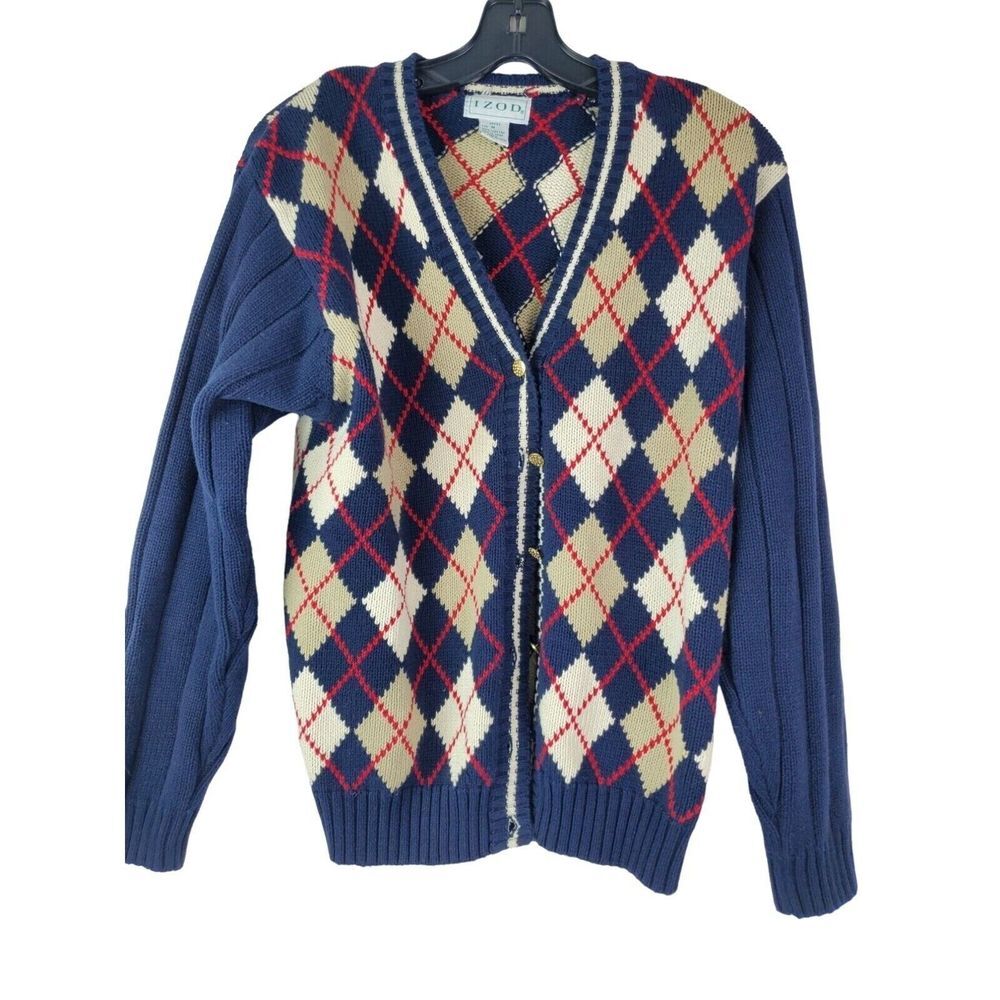 IZOD Women's Navy Blue Argyle Cardigan Sweater Medium Gold Buttons‎